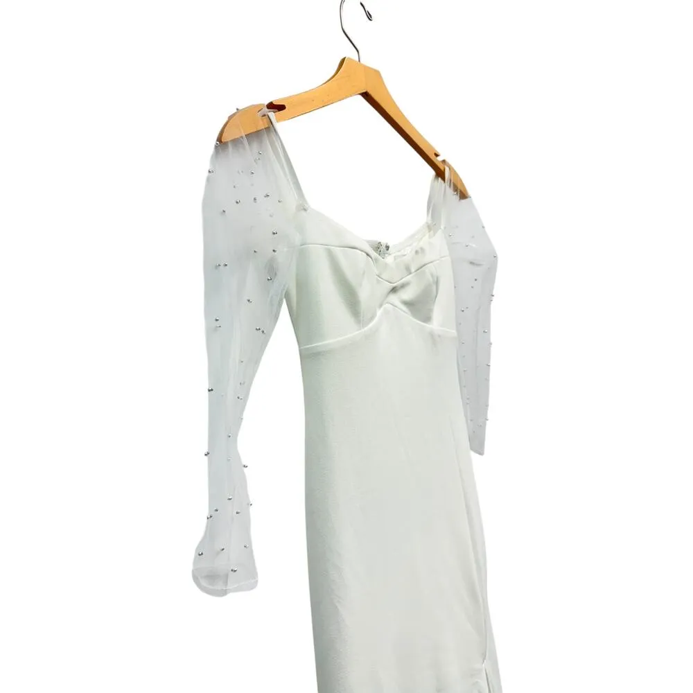 Lulus Eternally Beloved White Mesh Off-the-Shoulder Pearl Maxi Dress M NWT - Image 4