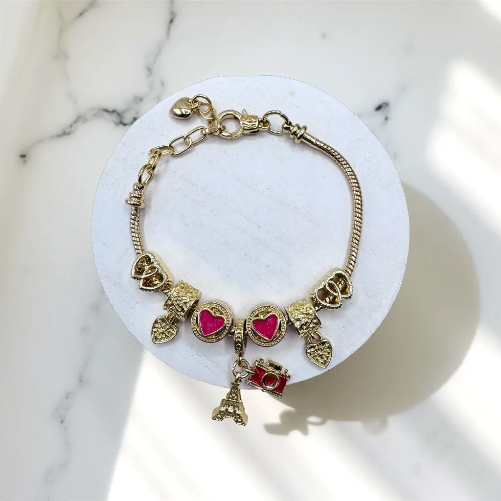 Gold Eiffel Tower & cute Charms Bracelet with Red Accents - Image 5