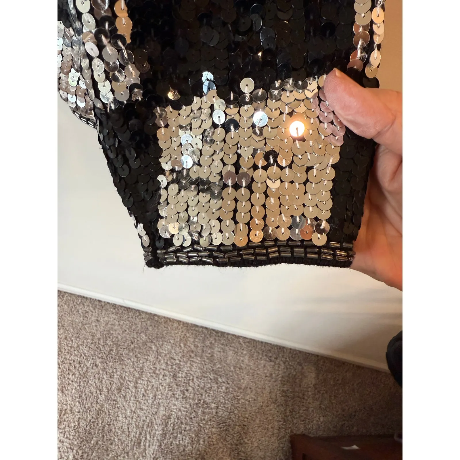 VTG Maurada Sequin Checkered Top Womens XL Black Silver Knit Glam Party Sweater - Image 3