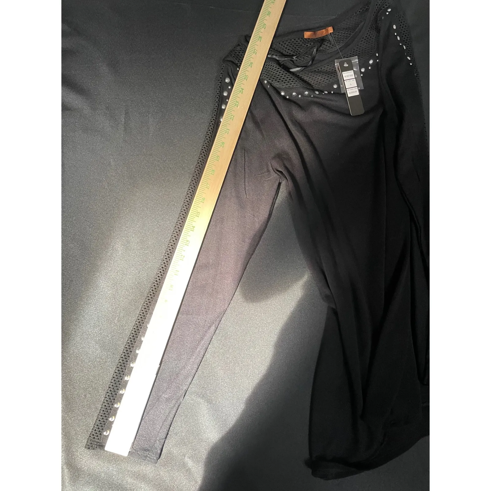 Womens Black Long Sleeve Studded Mesh Neck Embellished Tunic Top L Size L - Image 8