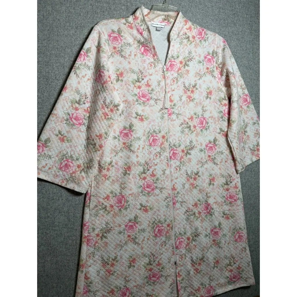 Miss Elaine Medium House Coat Robe Floral Womens Quilted Zip Pink White Womens - Image 4
