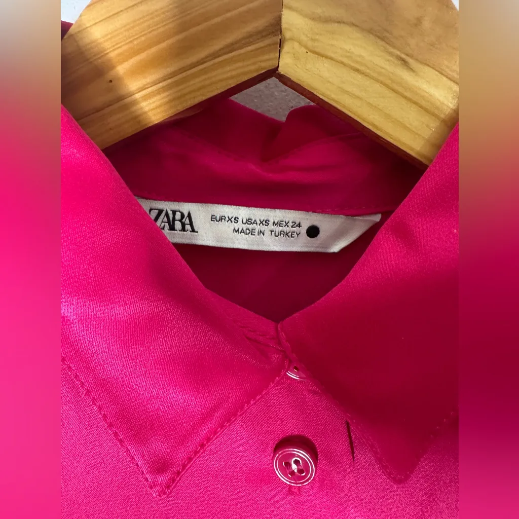 Zara‎ XS Hot Pink Satin Collar Button Down Oversized Top - Image 3