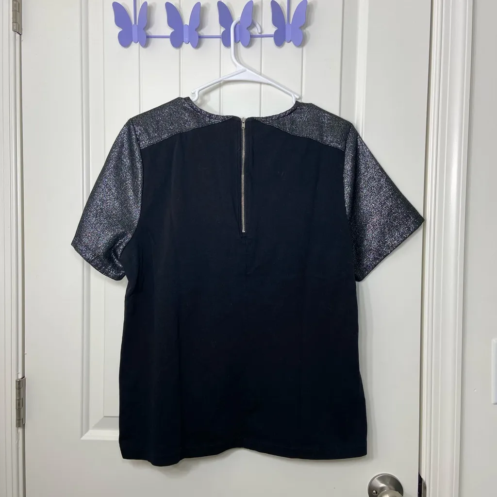 NWOT J. Crew women’s black‎ silver metallic sleeve zip up blouse top large - Image 6