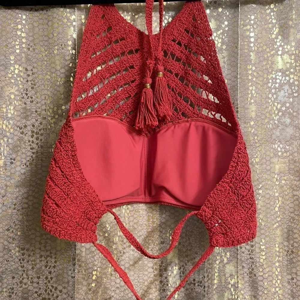 Crocheted burnt rust orange high neck halter boho bikini swim top, size M/L Orange Size M - Image 5