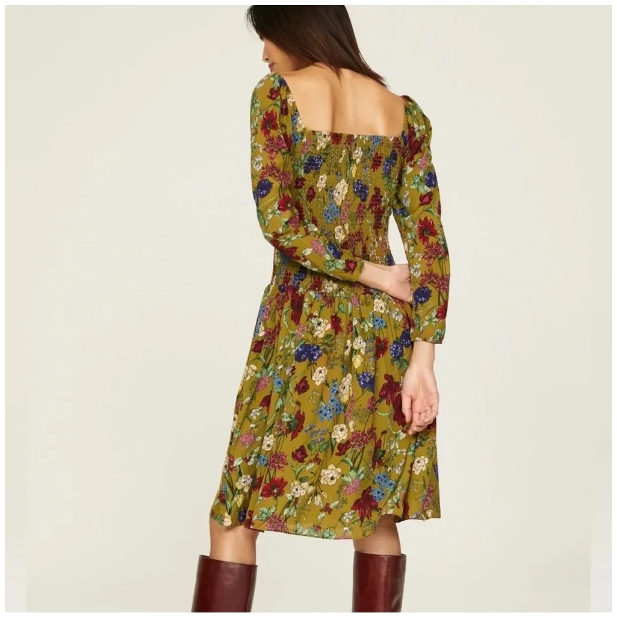 Hatch Maternity Freya Ochre Multicolor Floral Smocked Long Sleeve Dress Size S Yellow - Image 4