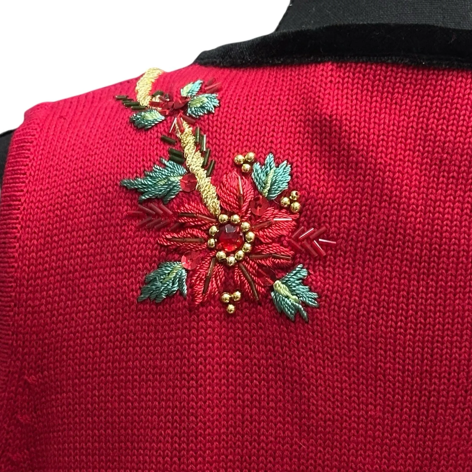 Vintage Theme Works Christmas Embroidered & Beaded Vest Cardigan Size PM Red - Image 4