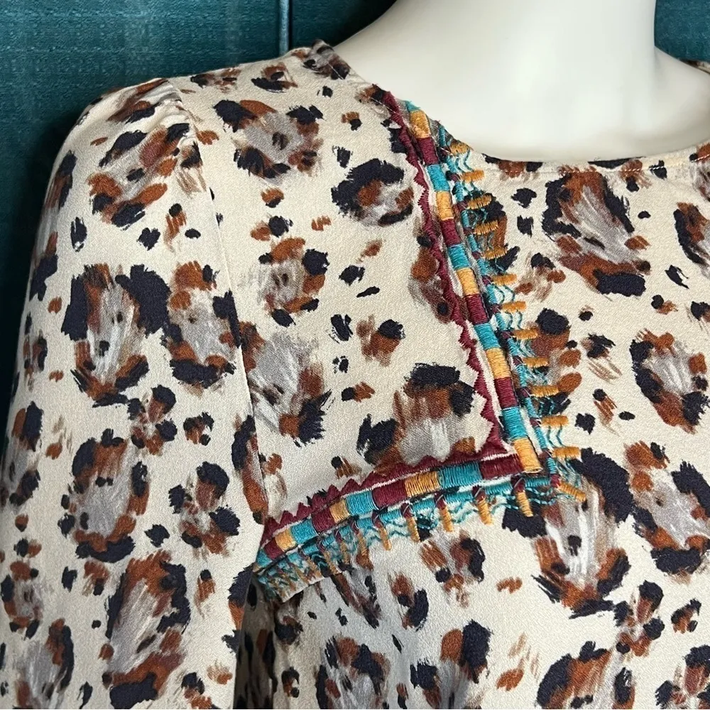Savanna Jane Boho Leopard Animal Print Boho Embroidered Aztec Blouse Top Size M Brown Size M - Image 4