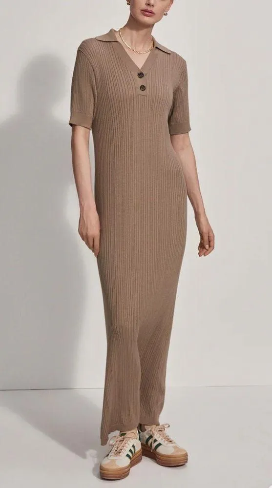 Varley Cream Ribbed Knit Dress Large Andrea Pointelle Maxi Dress Casual Stretch - Image 2