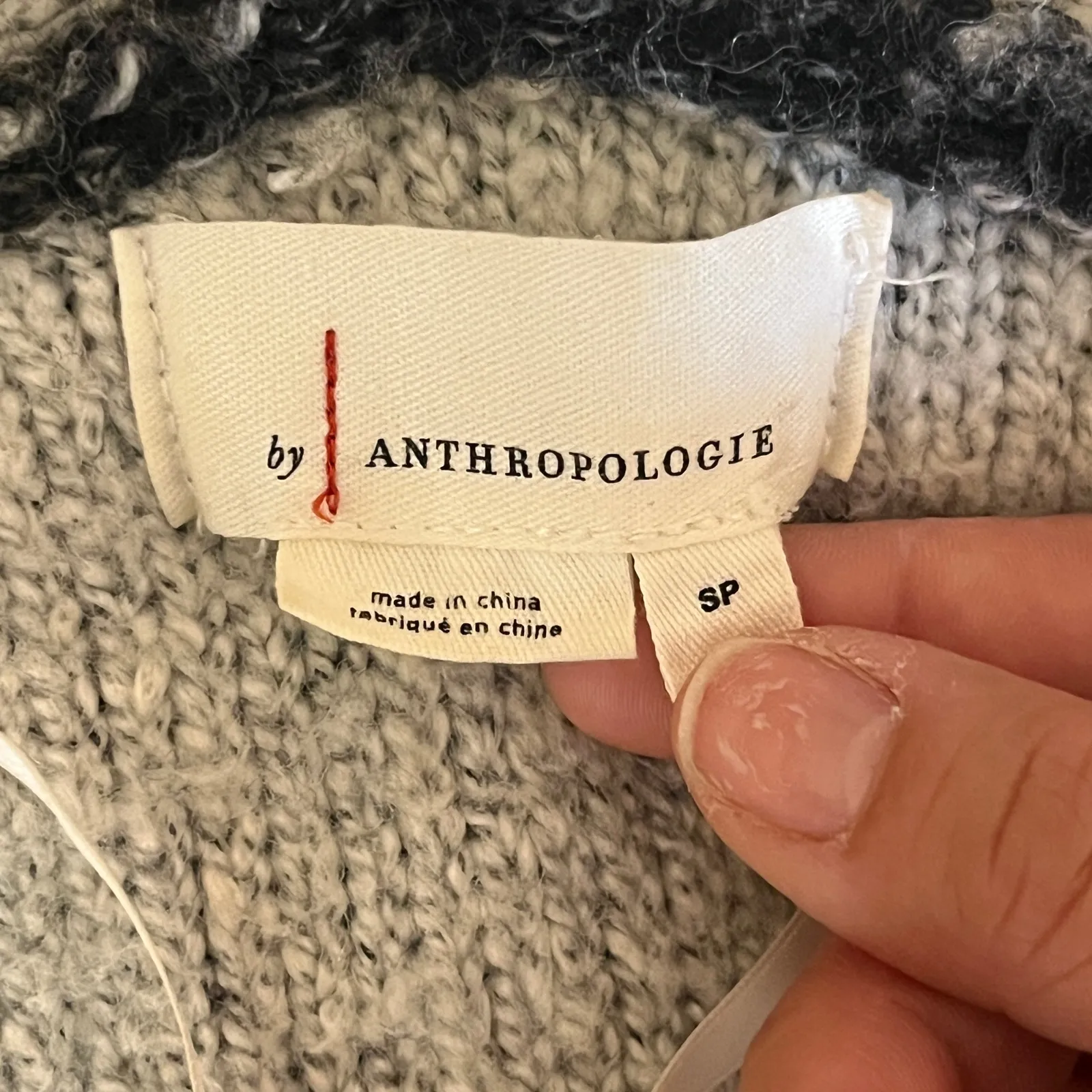 Anthropologie Nia Hooded Geometric Cardigan Gray White Blue Wool Blend S Petite - Image 5