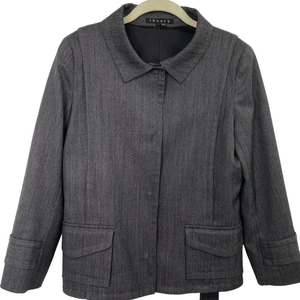 Theory Wool Belted Blazer Jacket Snap Front Collared Dark Gray Taran Runway 10 - Image 2
