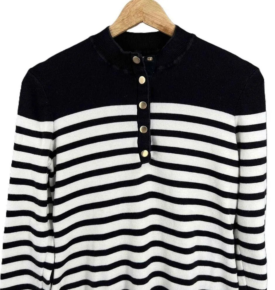 Avec Les Filles Sweater Dress Black White Striped Long Sleeve Snap Neck Medium - Image 2