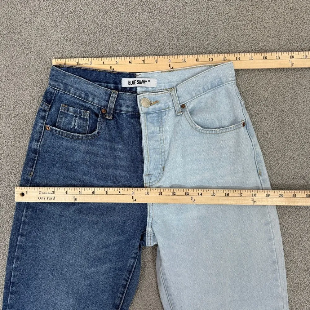 Blue Savvy Two Tone High Rise Mom Jeans Blue Juniors 5 27 Straight Leg Button - Image 11