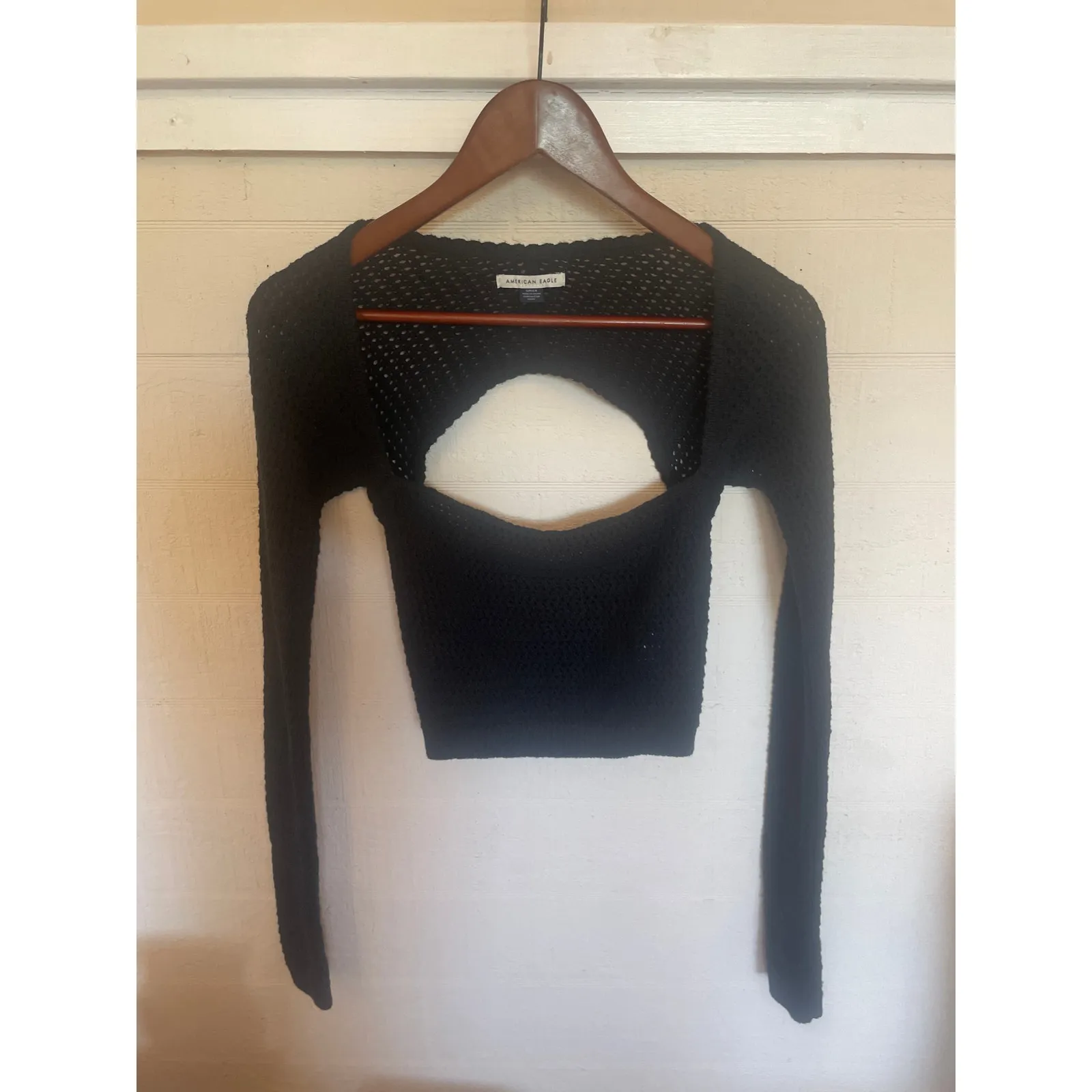 AMERICAN EAGLE Square Neck Shrug Crop Sweater Knitted Small S Black Open Back - Image 2