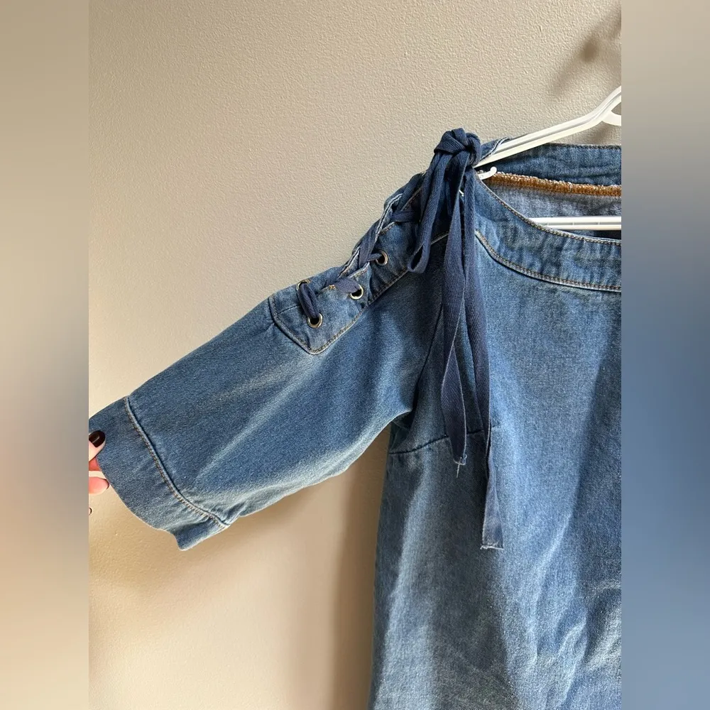 NEW Anthropologie Maeve Denim Mini Shift Dress w/ Lace Up Shoulders Women’s S - Image 6