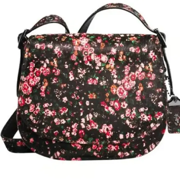 COACH Saddle 23 Cowhide $895 Floral Gunmetal Black Pink Leather CALF HAIR Auth - Image 6
