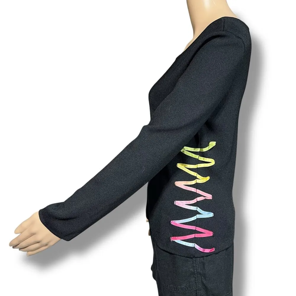 Vintage Prima Bella Womens Knit Sweater Top Boat Neck Satin Ribbon Accent Medium Black - Image 5