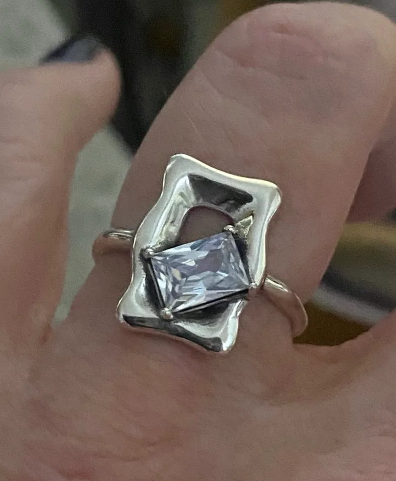 Womens Sterling Silver Geometric Glass Stone Adjustable Ring - Image 4