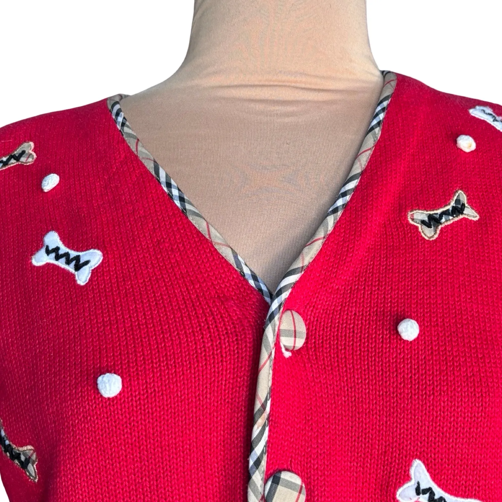 Vintage 90s Red Dog Knit Cardigan Button Front Scottie Appliqué Plaid Trim Small - Image 5