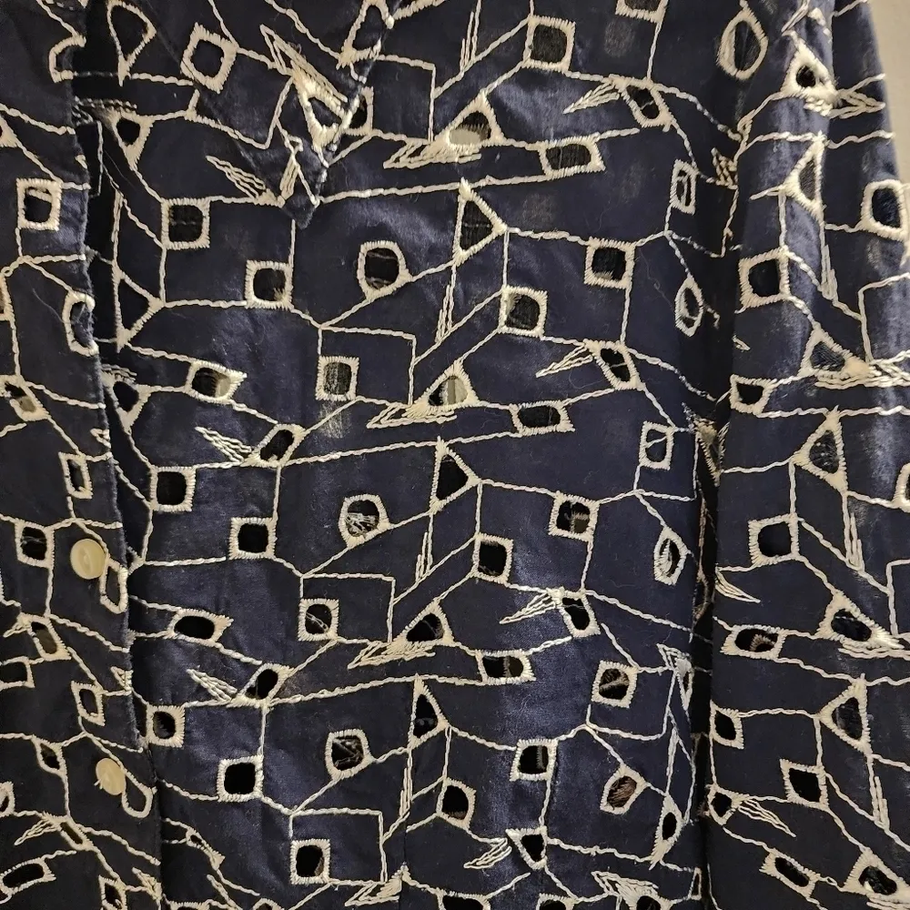 Rafael Essential navy long sleeve eyelet geo print cotton blue collar shirt L Size L - Image 6