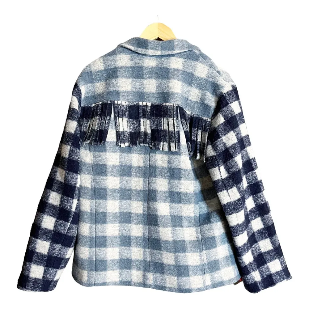 CINQ a SEPT Alix Coat Jacket Plaid Shacket Fringe Trim Steel Blue Multi SM NWT - Image 16