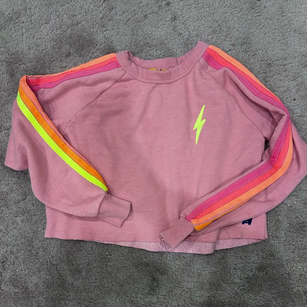 Aviator Nation Pink 5 Stripe Set Cropped Neon 5 Stripe Crewneck and Sweatpants - Image 4