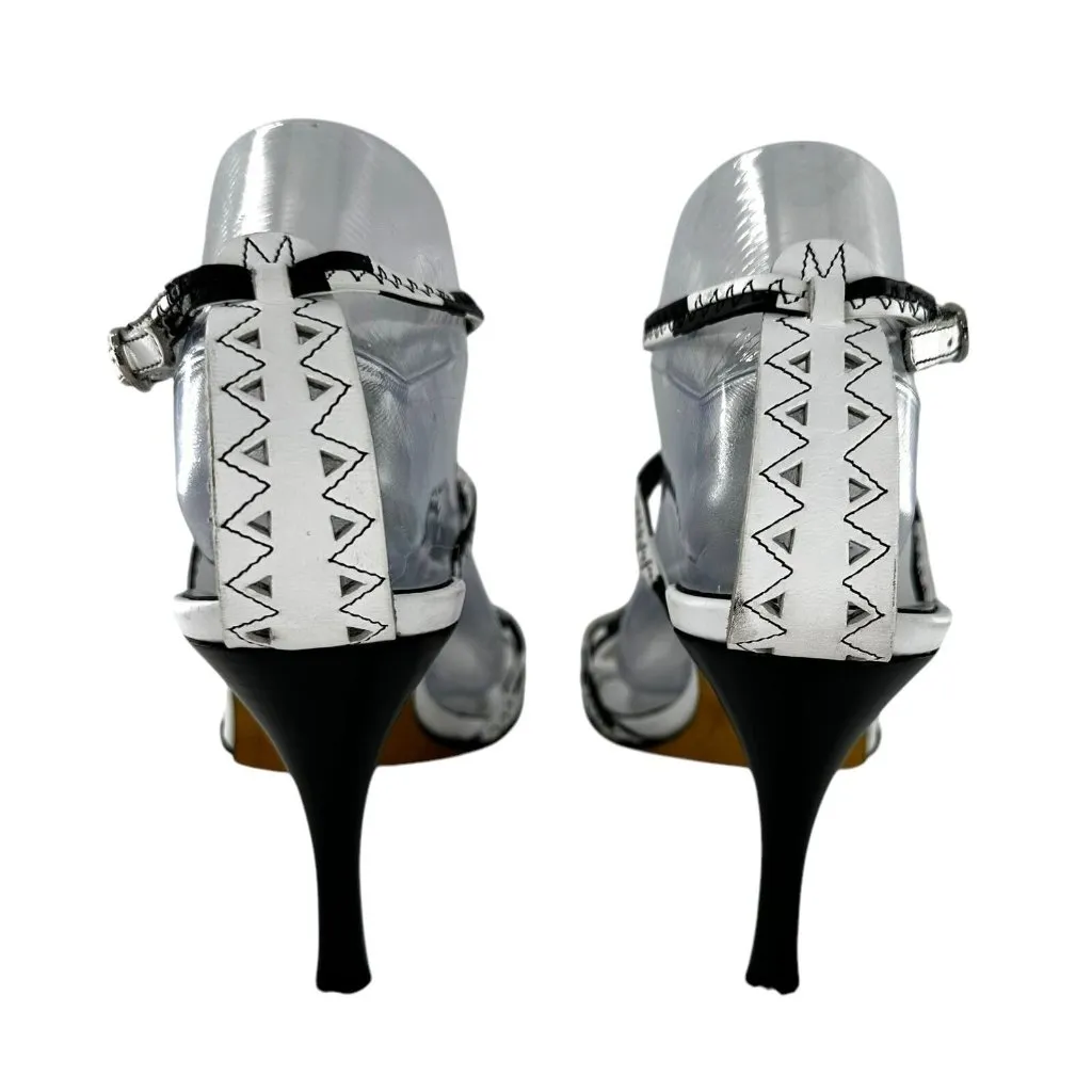 Stuart Weitzman Netta White and Black Leather Cut Out Sandals Heels Size 9 M - Image 7