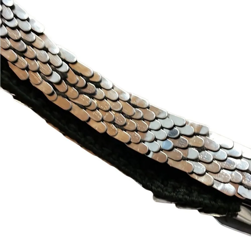 70s Vintage Stretch metal Scale Snake Flexible Belt Silver Floral 26” To 32" - Image 2