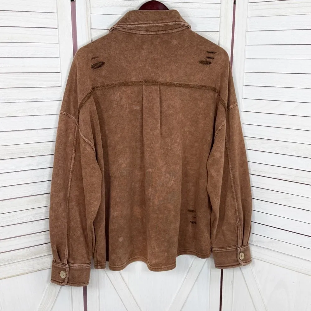 Oddy Distressed Jersey Knit Shacket Cropped Brown‎ Medium Large Brown - Image 9