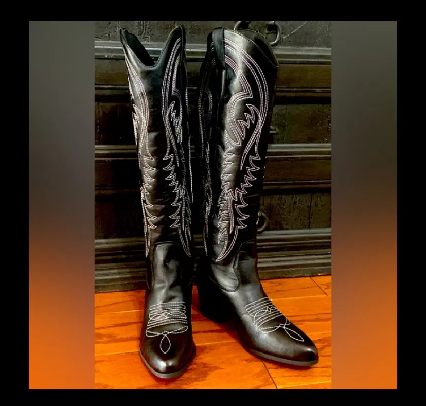 Black 2” heel boots to the knees - Image 2