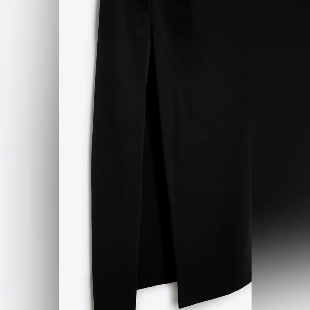 Zara Blogger’s Favorite Black Asymmetric Neck Midi Slit Draped Dress Size M - Image 12