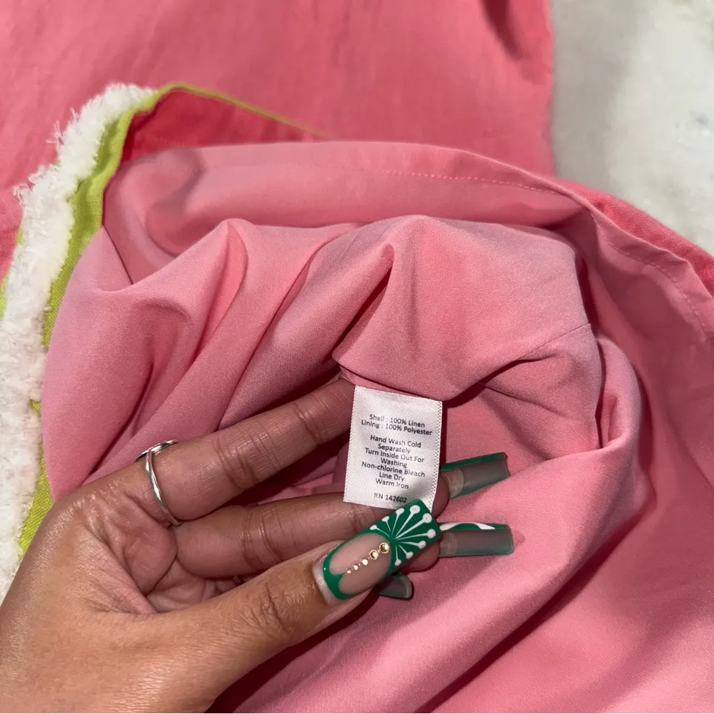 STS Sail to Sable Peachy Pink Linen Shift Dress Bouclé Trim And Gold Back Zip - Image 3