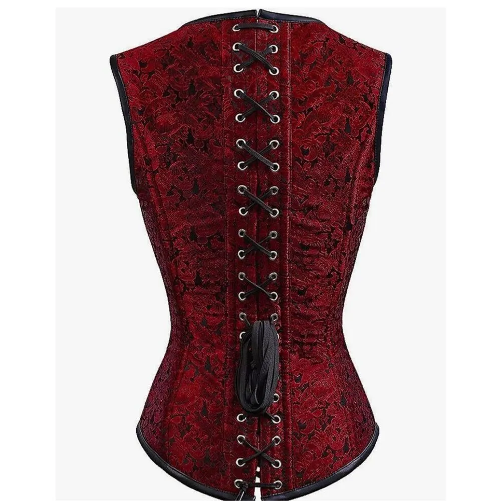 NEW Gothic Steampunk Brocade Steel Boned Waist Cincher Corset 2X Red - Image 2