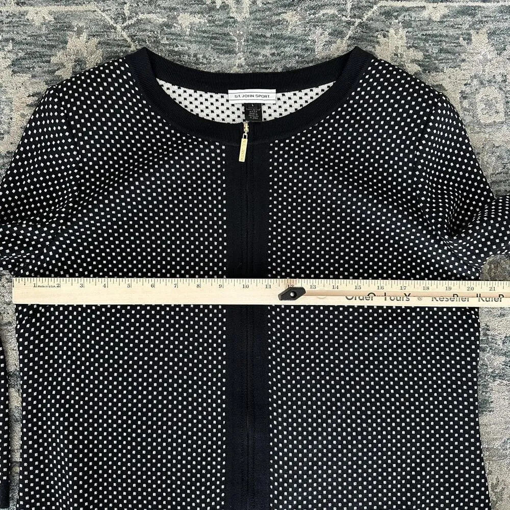 St John Sport Sweater Jacket Large Black White Zip Up Wool Blend Knit Career - Image 10