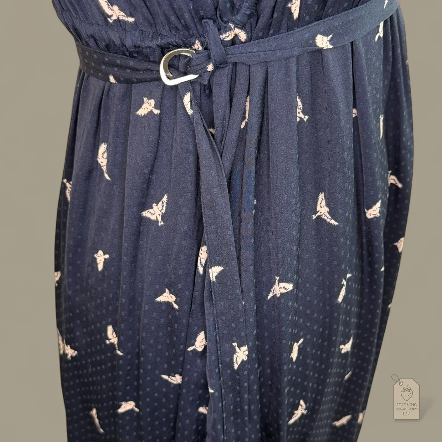 H&M Mama Navy Bird Print Dress | Flutter Sleeve Belted V-Neck | Maternity Small - Image 4