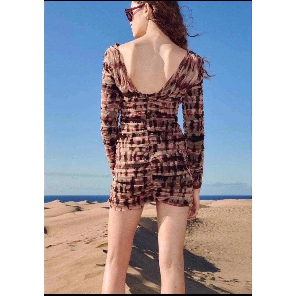 Zara Women's Mesh Ruched Bodycon Long‎ Sleeve Mini Dress V Neck Size L - Image 2