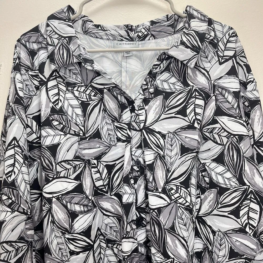 Catherines Black White Button Front 3/4 Tab Sleeve‎ Timeless Blouse Size 4X - Image 5