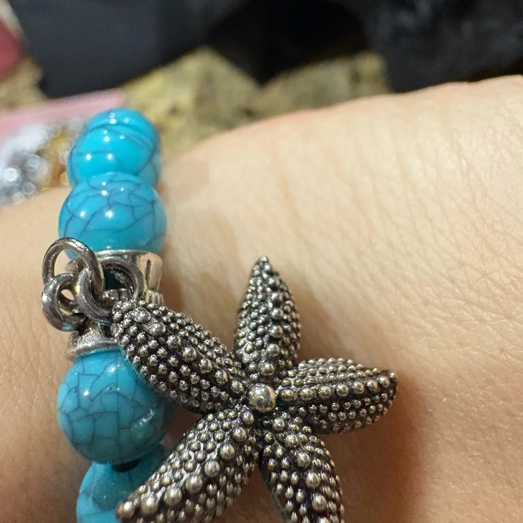 Turquoise Beaded Bracelet with Starfish Charms Blue - Image 2