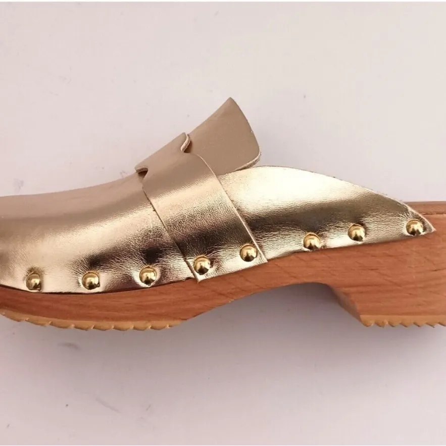 Etre Clog Gold Metallic Leather Natural Wood Base Padded Insole Italy 38 US 7 - Image 9