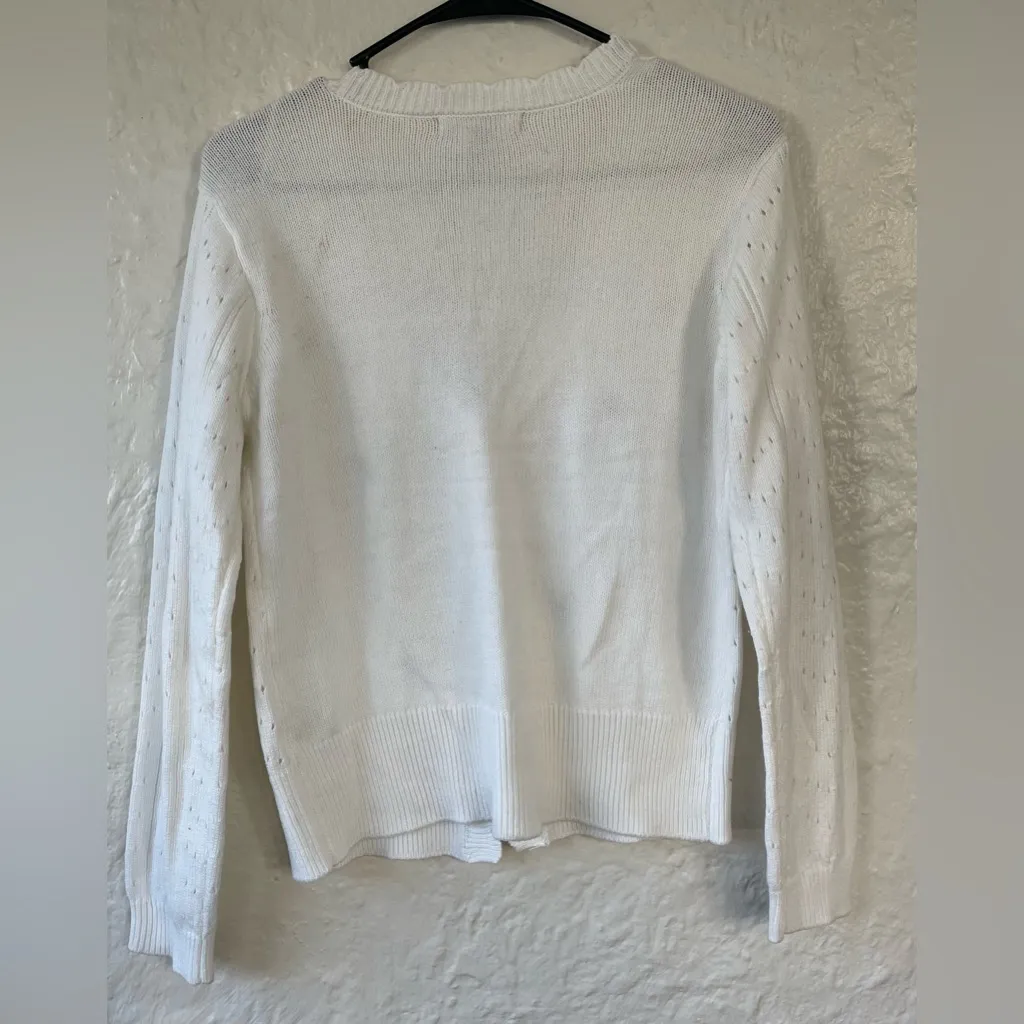 Witty Fox Womens White Scalloped Edge Cardigan Sweater Cropped Flowers; size XS - Image 6