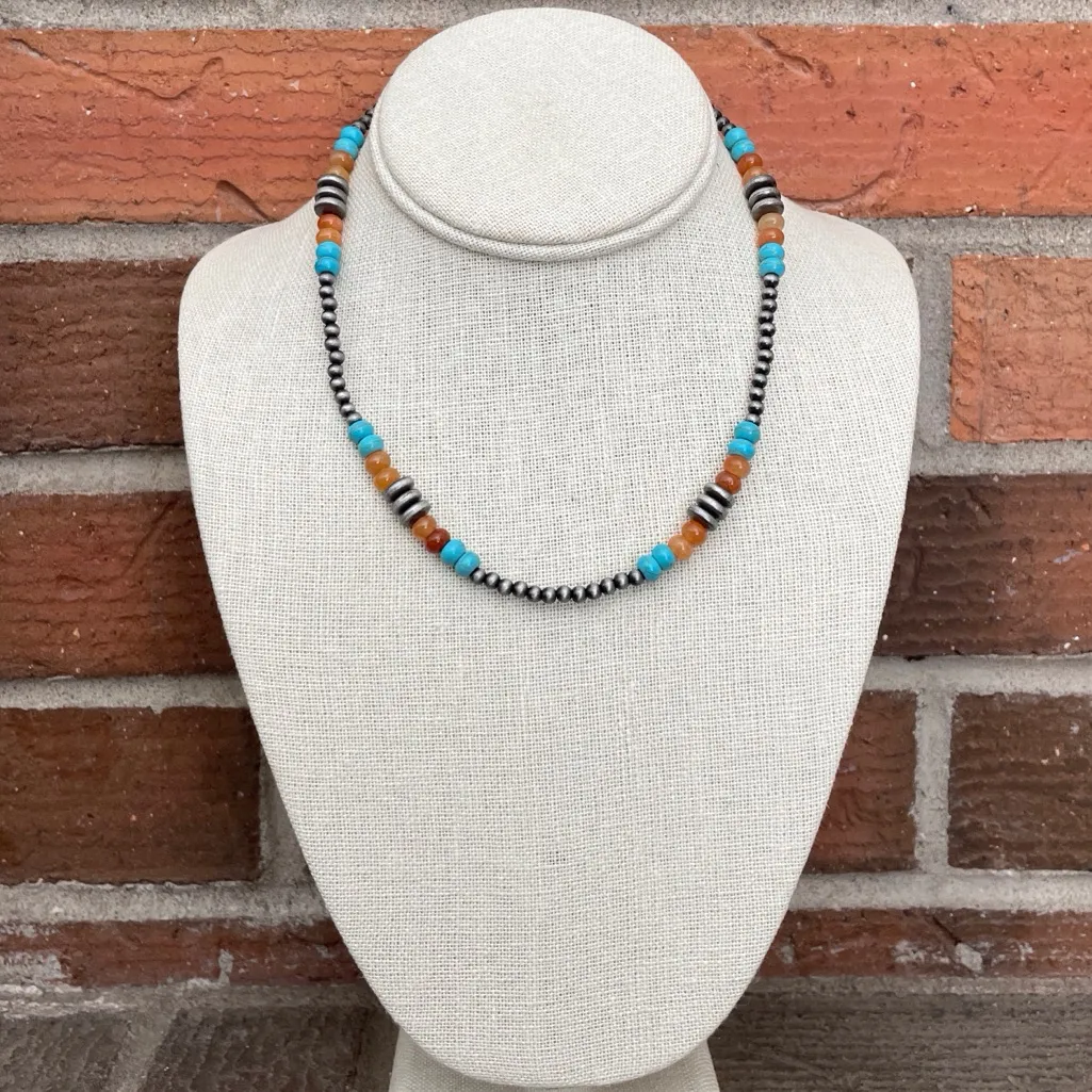 Navajo Style Pearl Necklace with Turquoise, Faux Jasper & Saucer Pearls Silver - Image 2