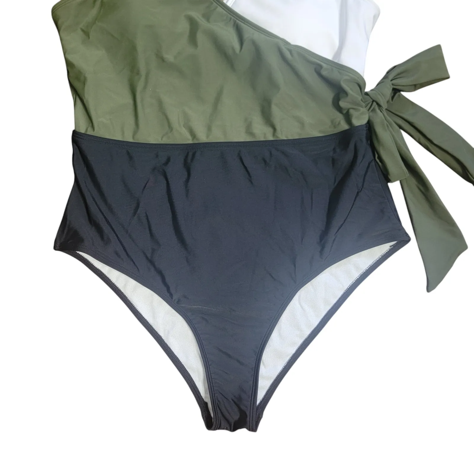 NWT Cupshe Olive Swimsuit Colorblock Tri Color Faux Wrap One Piece Large Vneck - Image 3