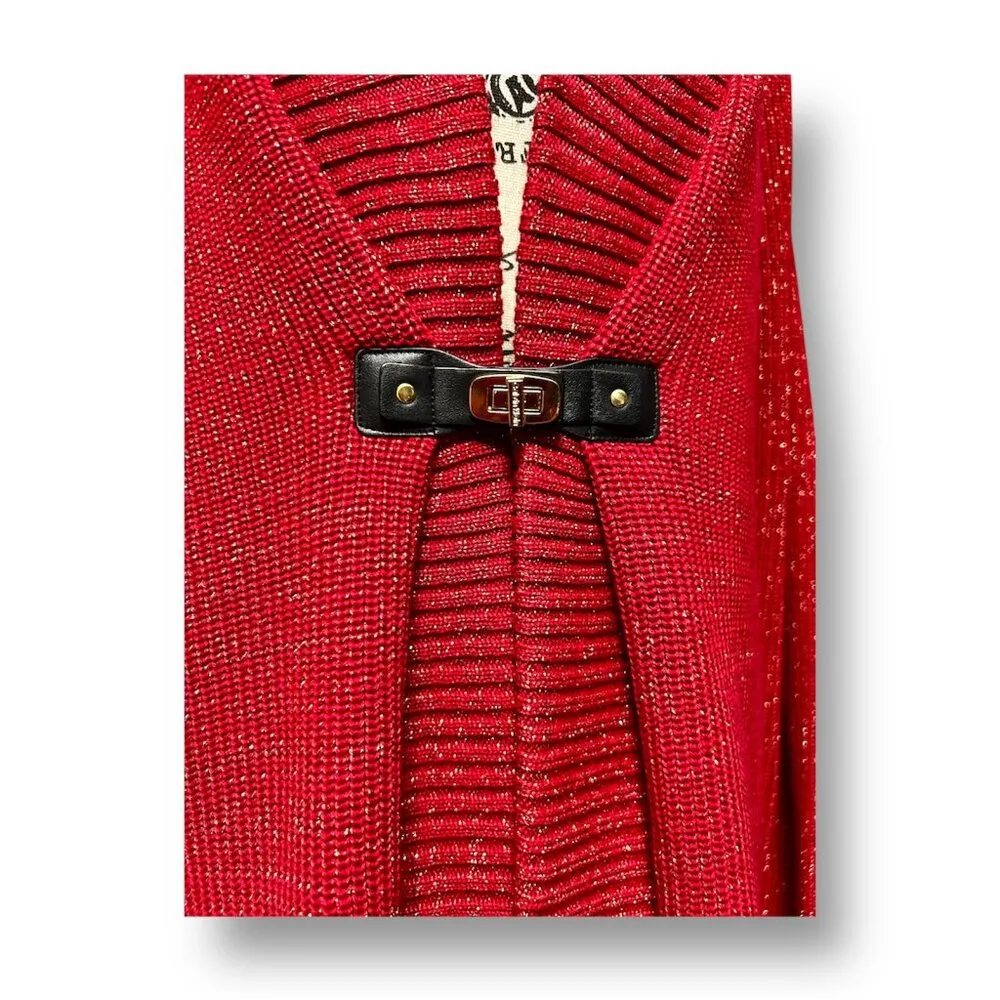 Calvin Klein Size L Red Gold Metallic‎ Cardigan Clip Front Sparkle Festive Party - Image 4