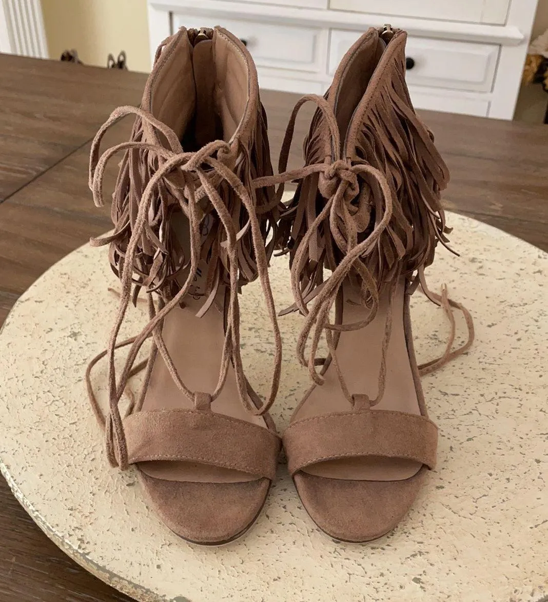 Tan Roma-63 Suede Peep Toe Fringe Gilly Tie Stiletto Zip Heel 7 - Image 3