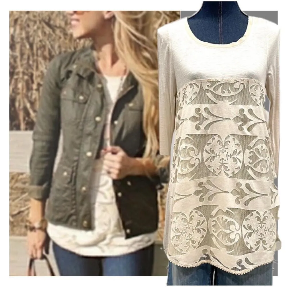 NEW Anthropologie Lace blouse top Cream Meadow Rue capriccio 3/4 Sleeve SMALL - Image 3