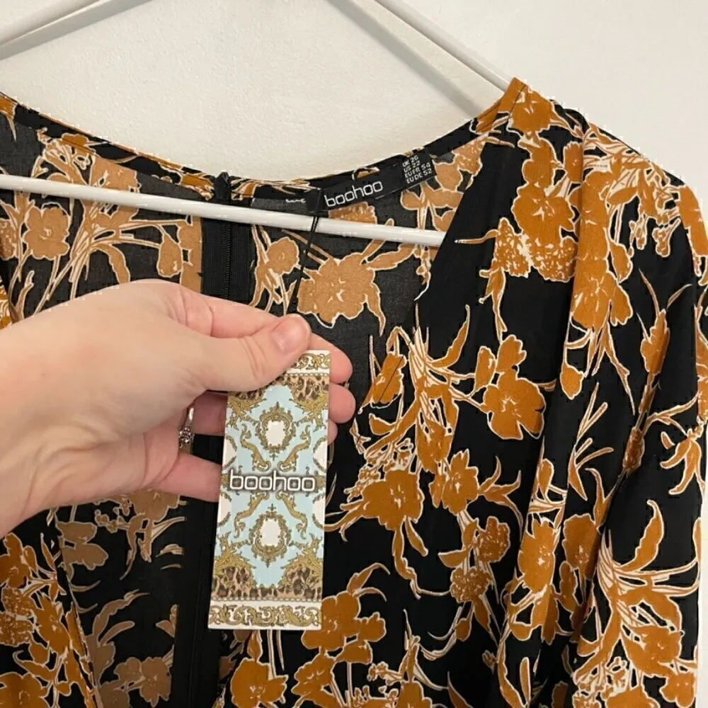 NEW NWT BOOHOO Plus Size Floral Wrap Skater Dress Black Brown Surplice Boho Knee - Image 7