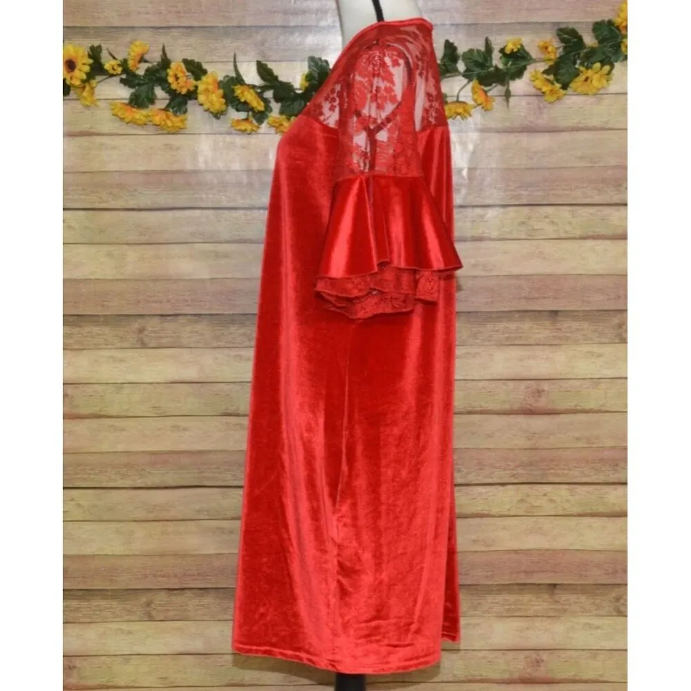 C.O.C. Red Velvet Midi Sheath Dress Plus Size 3X Floral Lace Short Bell Sleeve - Image 5