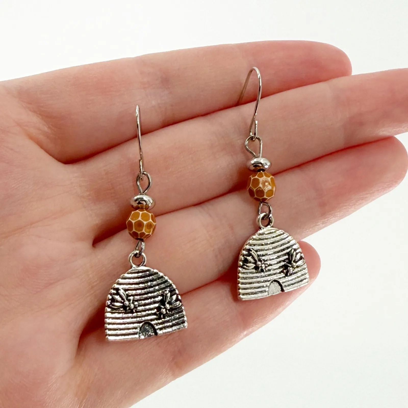 Bee Hive Earrings, Bee Dangle Earrings, Bumble Bee Earrings Silver - Image 2