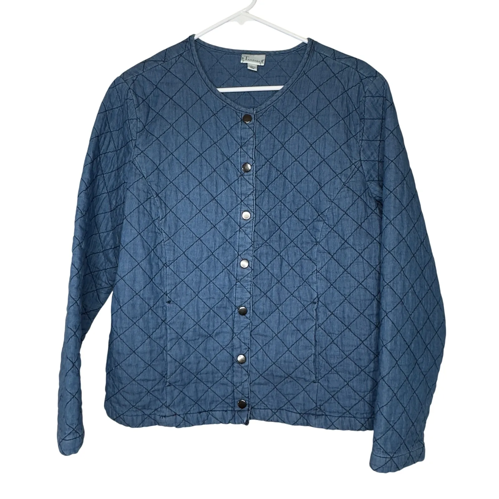 Quilted Denim Jacket Blue Button Front Long Sleeve Tanzara Size L Size L - Image 2