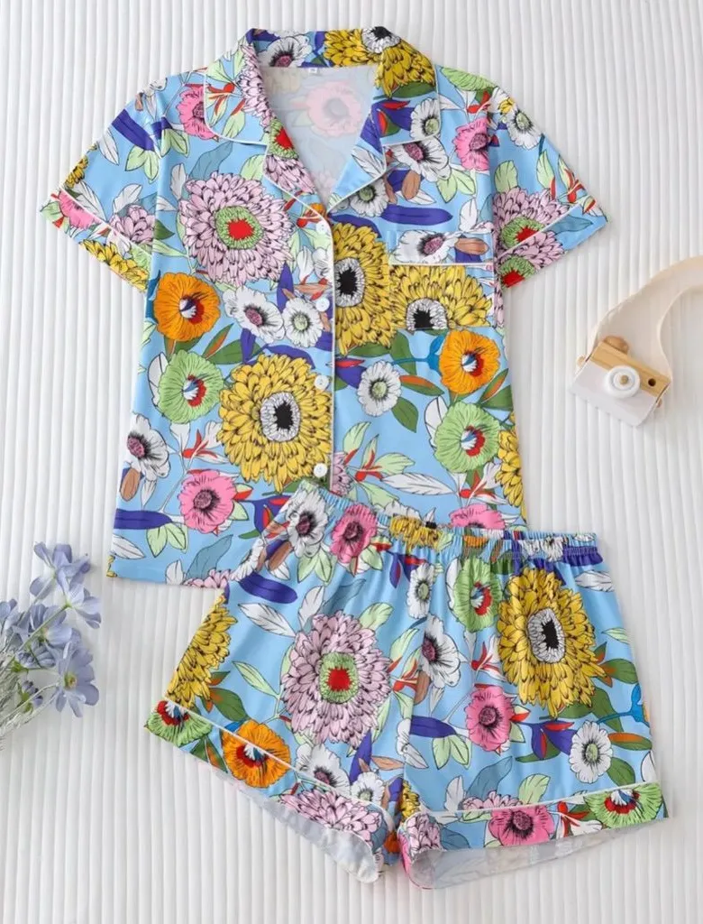 Bright Floral Pajama Set – Short Sleeve Button Top + Shorts – Size XL Blue - Image 1