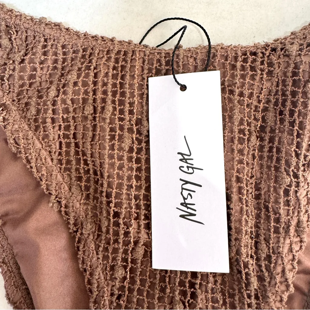 NWT Nasty Gal Chocolate Brown Pom Pom Crochet Bikini & Wrap 3 piece set sz 6 /M - Image 10